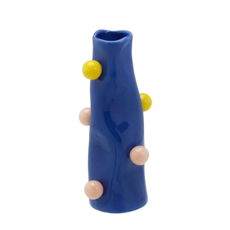Vaso decorativo em ceramica nas cores azul E amarelo 23CM