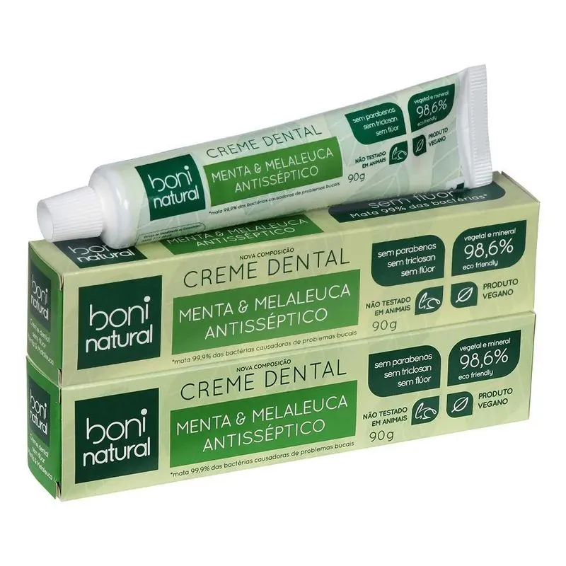 2 Pastas De Dente Natural Menta Melaleuca Sem Flúor Boni 90g
