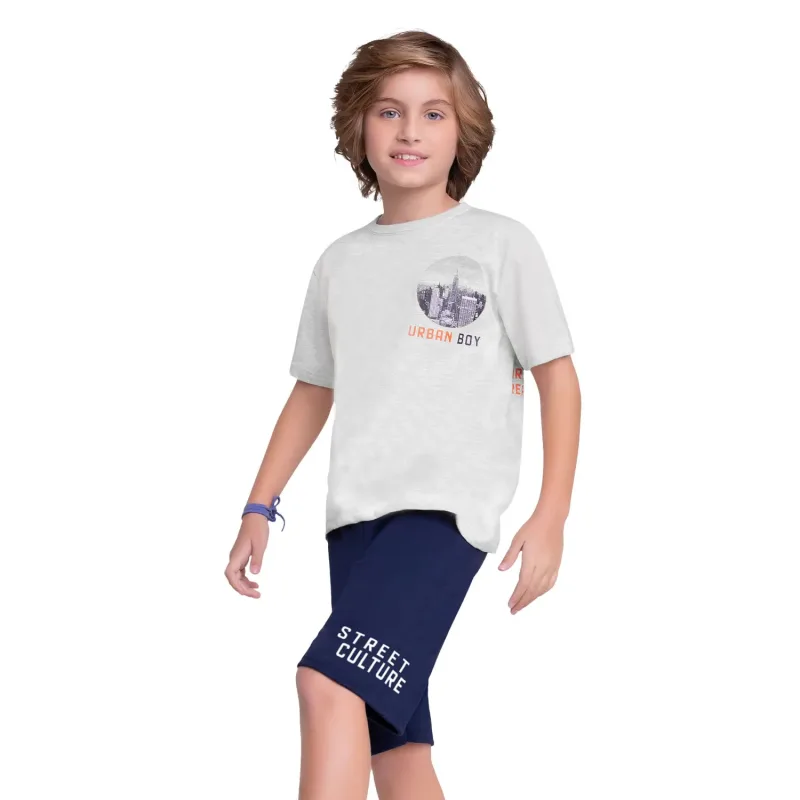 Conjunto Meninos Camiseta Mescla Urban Boy e Bermuda Azul Rajada Kyly