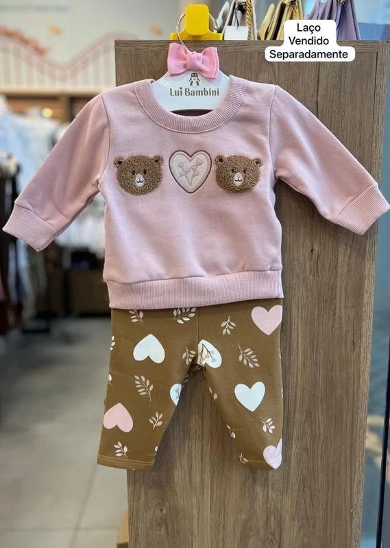 CONJUNTO BLUSÃO MANGA LONGA MOLETOM URSO PELUCIADO CORAÇÃO E CALÇA MENINA KYLY ROSA/MARROM / 3-6M