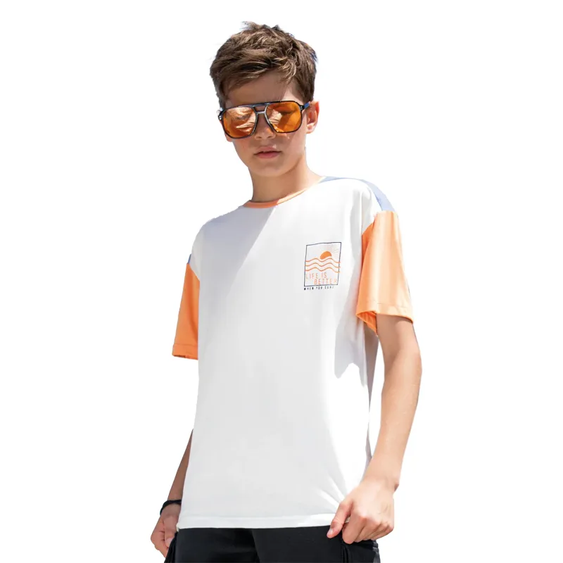 Camiseta Infantil Manga Curta Off-White, Azul e Coral Lemon