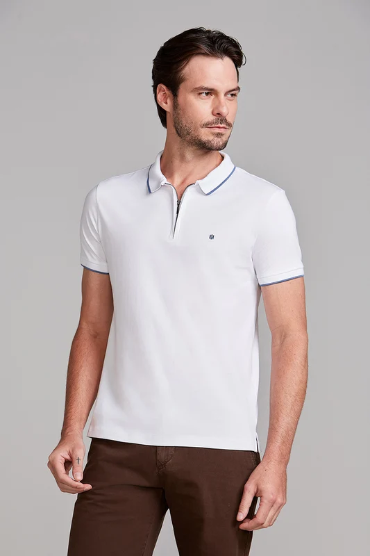 Camisa Polo com Zíper Básica Malha Premium Slim Fit - Branco G