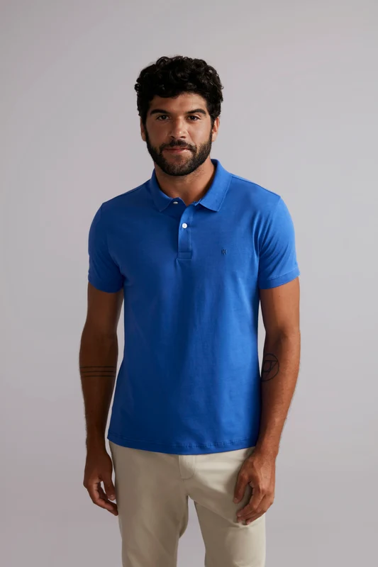 Camisa Polo Básica Malha Premium Slim Fit - Azul SGG