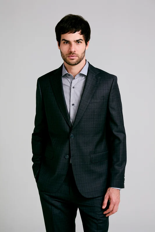 Terno Slim Fit Lã Super 120 Premium Xadrez - Cinza 60M