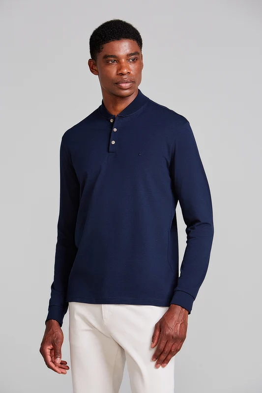 Camisa Polo Manga Longa Malha Slim Fit - Azul Marinho P