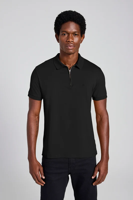 Camisa Polo com Zíper Básica Malha Premium Slim Fit - Preto M
