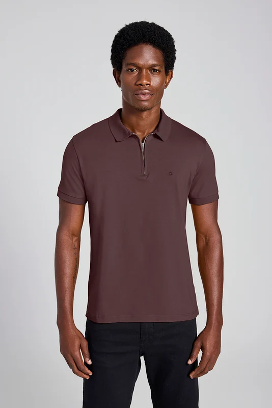 Camisa Polo com Zíper Básica Malha Premium Slim Fit - Marrom P