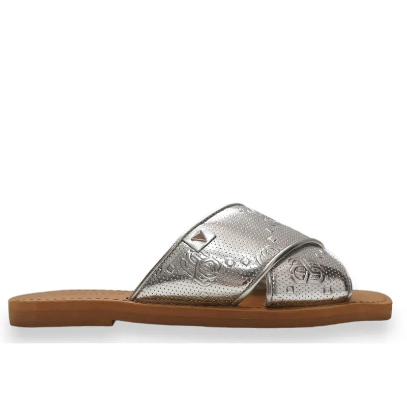 Sandalia rasteira tira cruzada prata logo S 20889 0096 0005 schutz