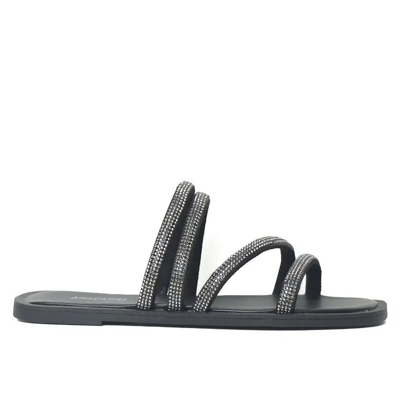 Rasteira quatro tiras preta glam C 30424 0008 0004 anacapri