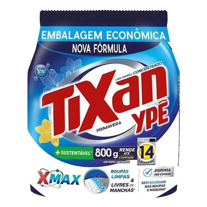 Lava Roupas Em Pó Concentrado Primavera Pacote Tixan 800g Yp