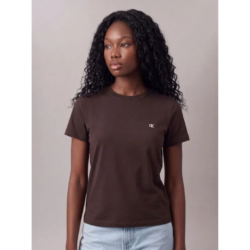 Camiseta Manga Curta Feminina Logo Calvin Klein Bordado - Cafe Camiseta Manga Curta Feminina Logo Calvin Klein Bordado Cafe Gg