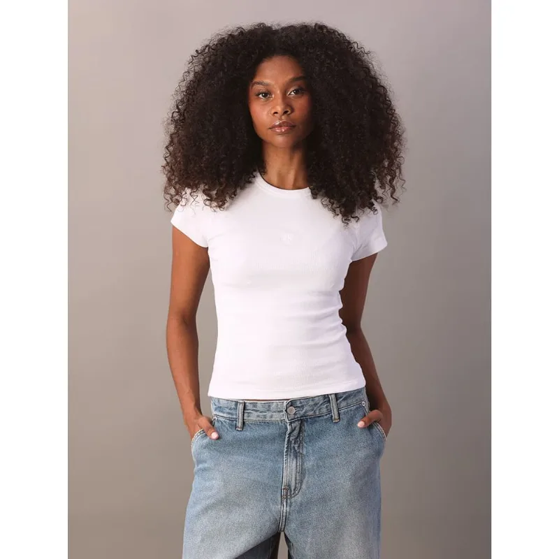 Blusa Calvin Klein Jeans Feminino Manga Curta Ribana - Branco Blusa Calvin Klein Jeans Feminino Manga Curta Ribana Branco p