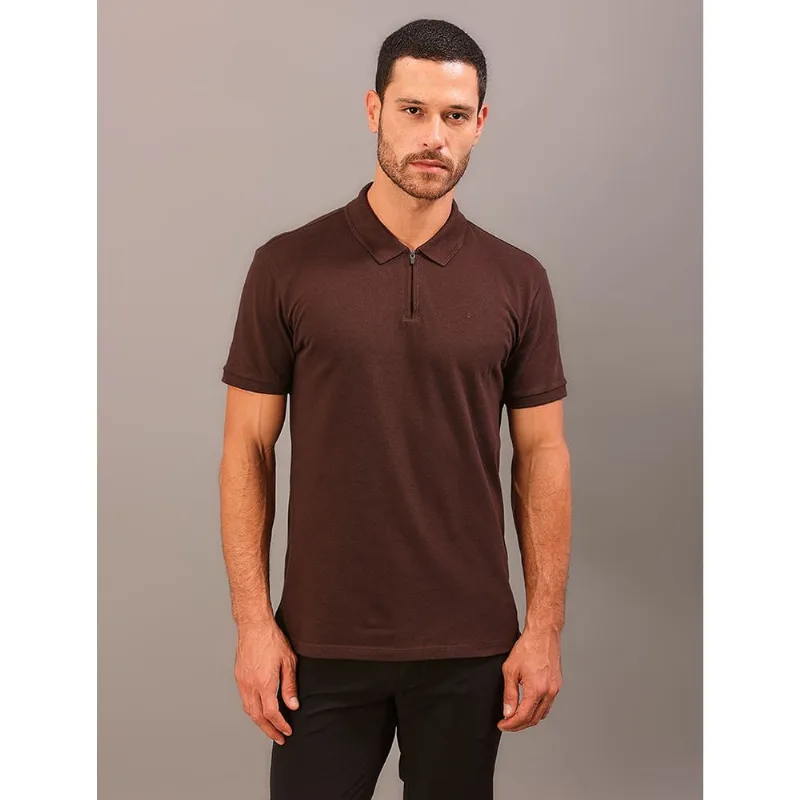Polo Manga Curta Calvin Klein Masculino Slim Meio Zíper - Marrom Polo Manga Curta Calvin Klein Masculino Slim Meio Zíper Marrom Pp