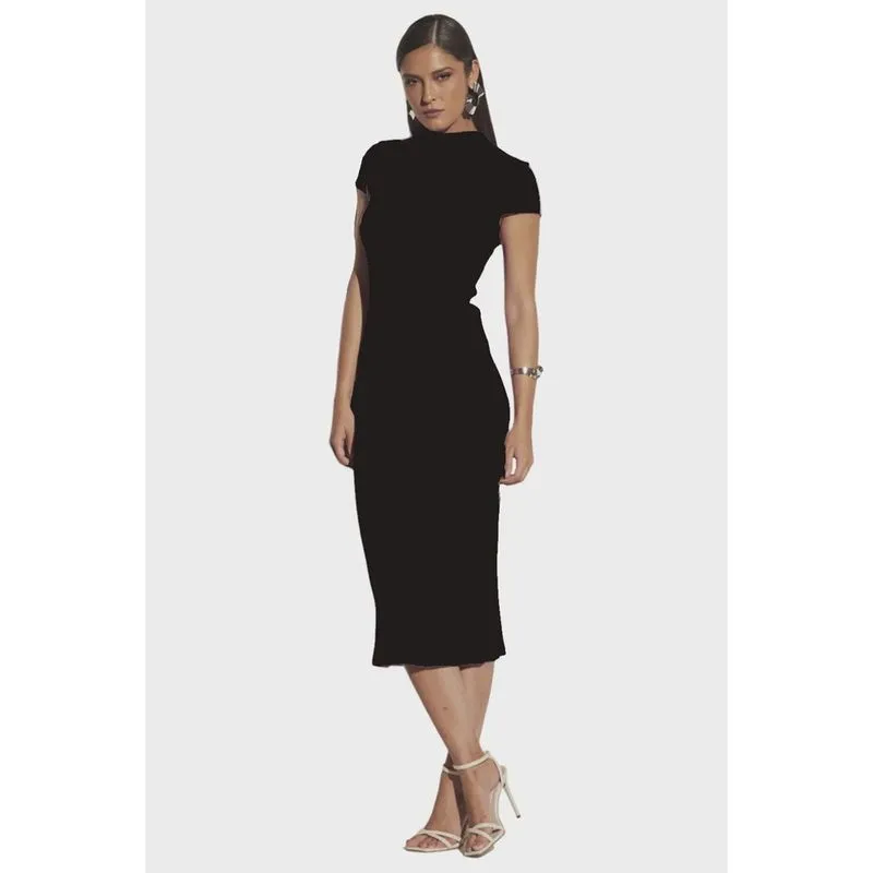Vestido Midi Sommer Canelado Gola Redonda Preto