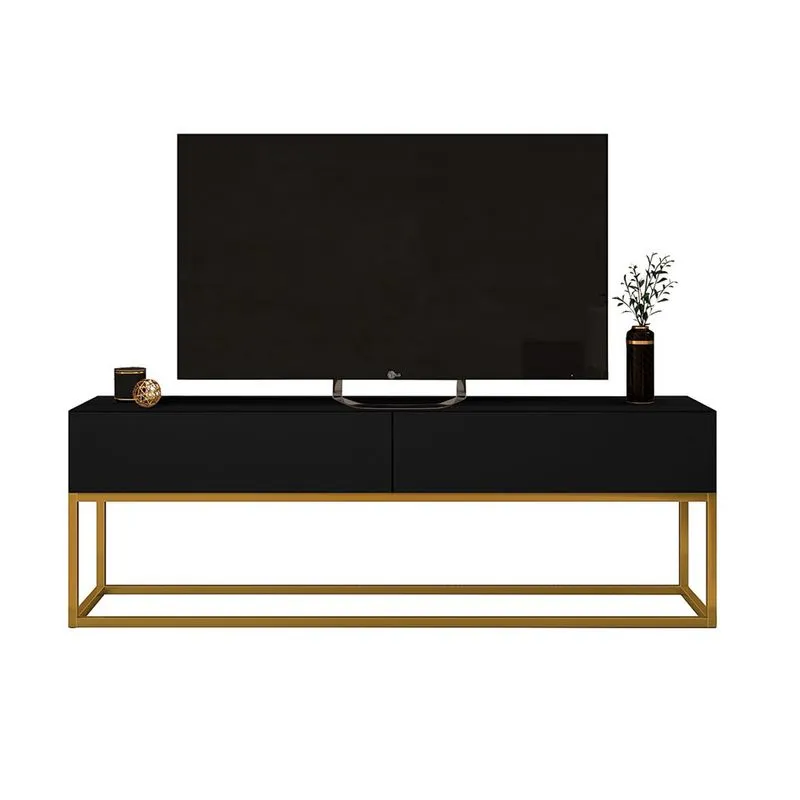 Rack Com Pés de Ferro Dourado Para Sala De Estar TV Até 50 Polegadas Preto Com Pintura uv Fosca Moderna
