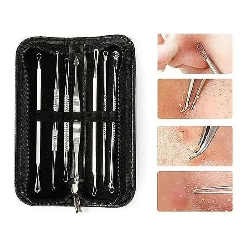 2x Kit 7 Curetas Remove Cravos Espinhas Aço Inoxidável C/est