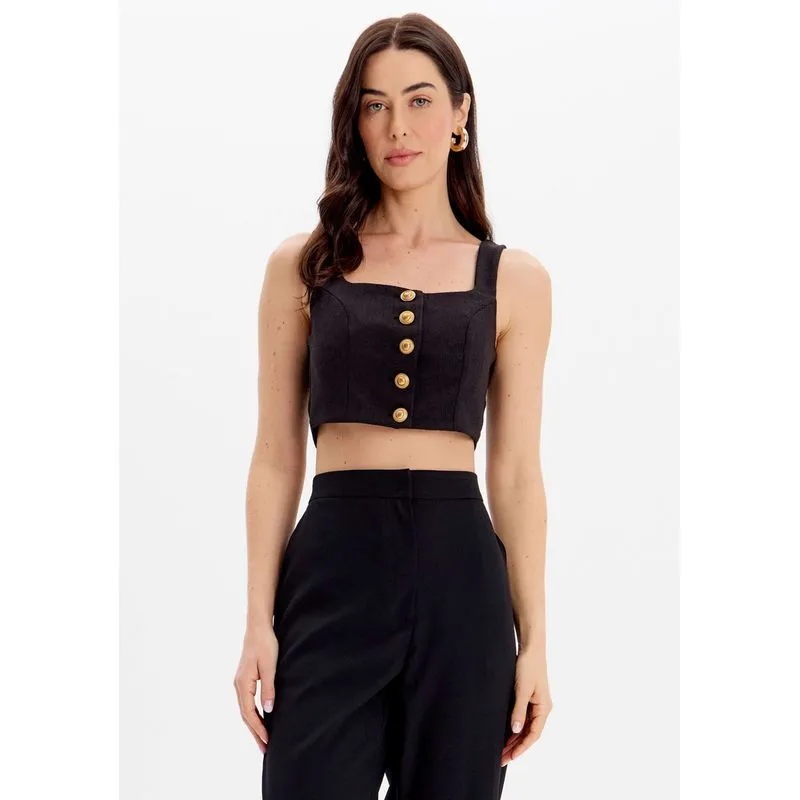 Blusa Curta De Botões Preto PP