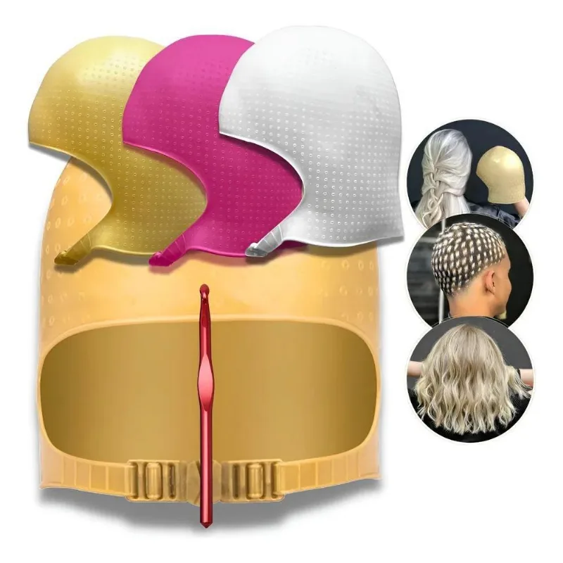 Touca Para Luzes Mechas 2100 Furos Profis Dourado + Agulha