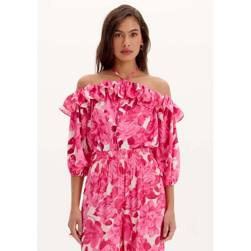Blusa Frente Única Estampada Rosa P