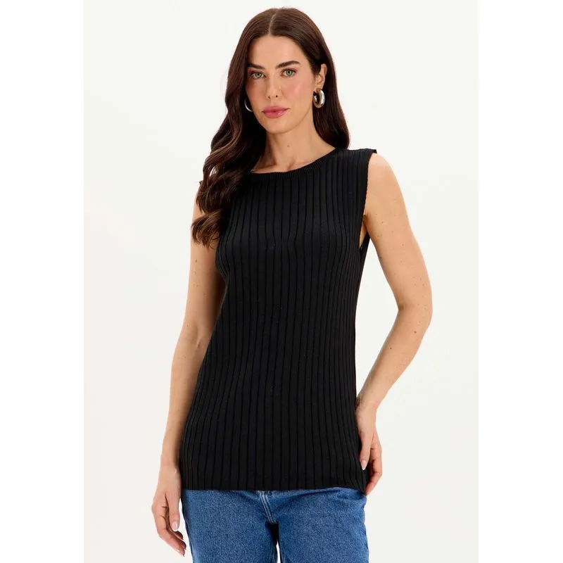 Blusa Tricot Alongada Sem Mangas Preto G
