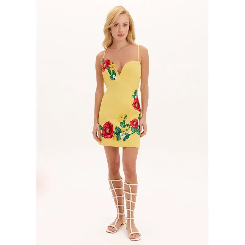 Vestido Curto Bordados Florais Amarelo P