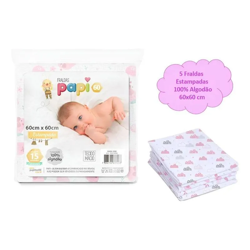 Kit 5 Fraldas De Pano Estampadas Tecido Macio 100% Algodão
