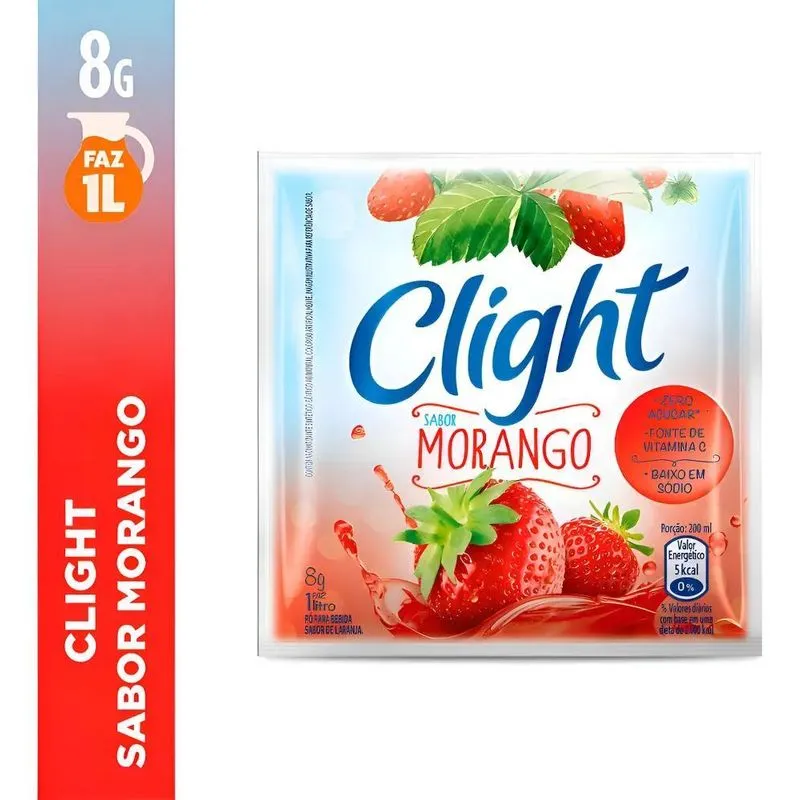 Refresco Em Pó Clight Morango 8g - Embalagem Com 15 Unidades
