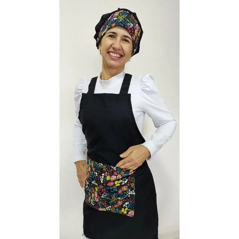 Kit Avental E Touca Cozinheiro Padaria Cozinh Preto Floral