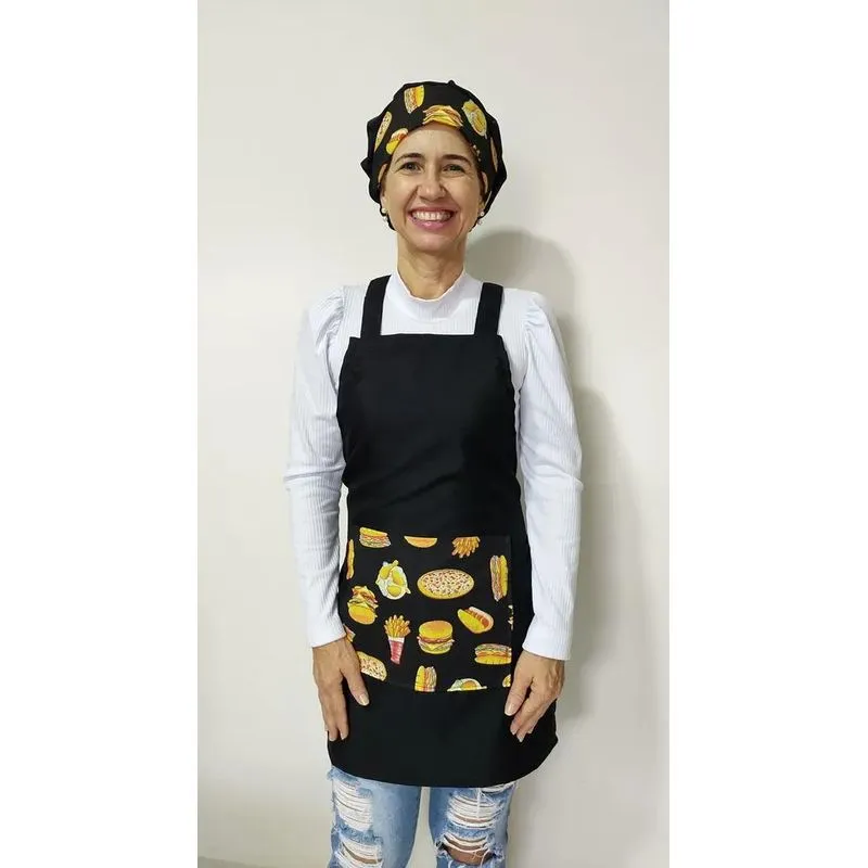 Kit Avental E Touca Cozinheiro Padaria Cozin Preto Hot Dog