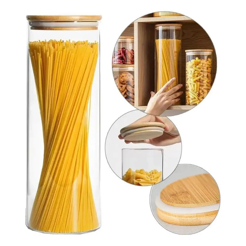 Pote De Vidro Com Tampa De Bambu 1800ml Espague Transparente