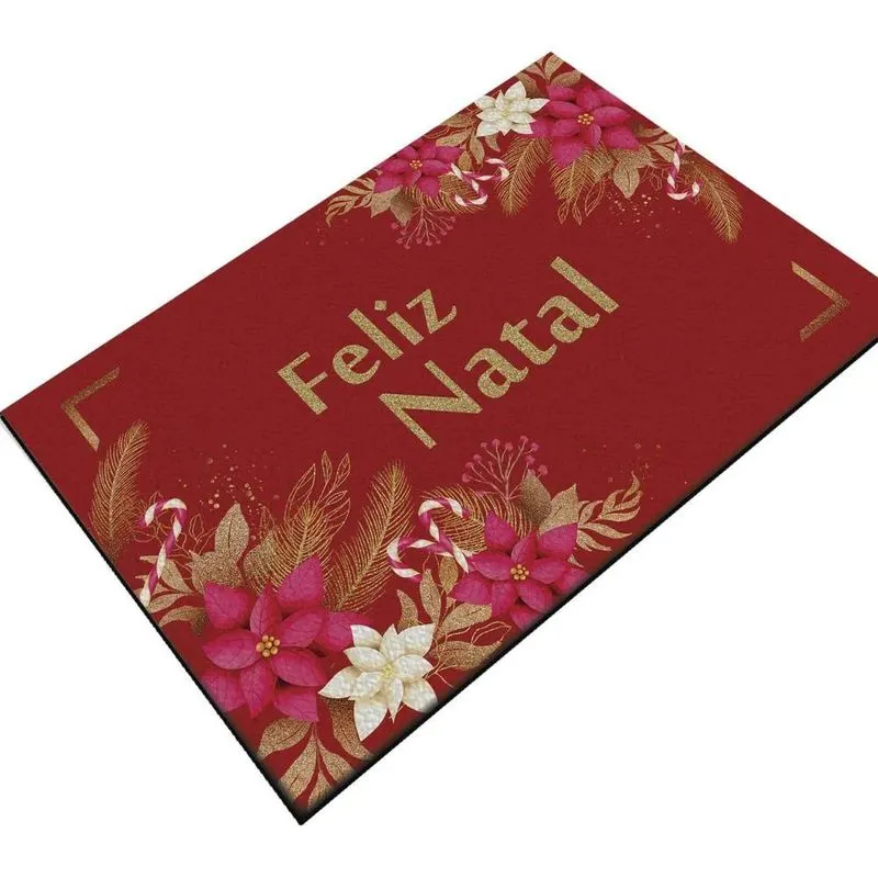 Carpete Tapete Capacho Feliz Natal Flores Rosas Fundo Vermel