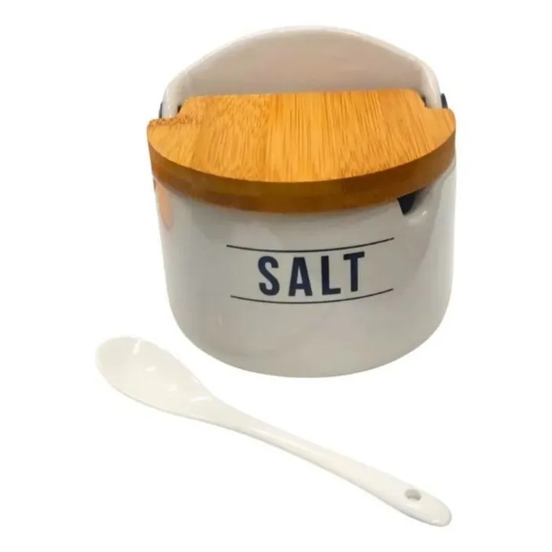 5x Saleiro Porcelana Branco Com Colher Tampa De Bambu Manhat