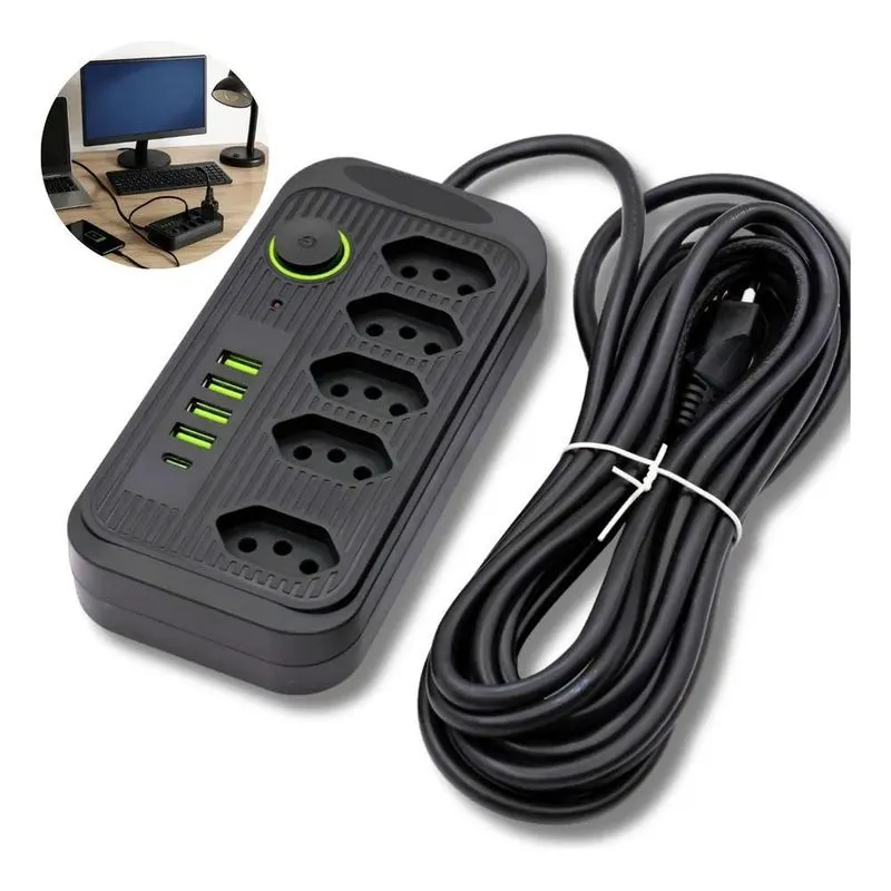 Extensão Filtro De Linha 5 Tomadas Segurança Tipo C 4 Usb Co