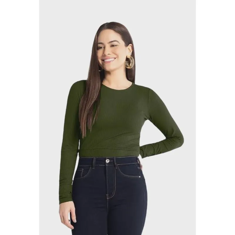 Blusa Cropped Lunender Manga Longa Canelada Verde