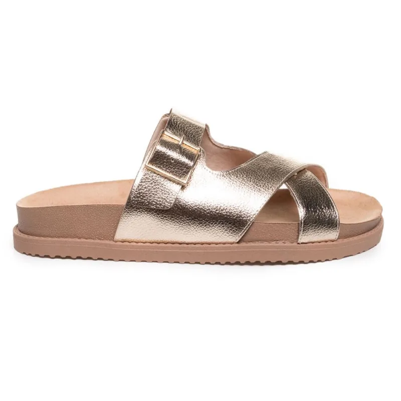 Rasteira Feminina Papete Metalizado Fivela Comfortflex Dourada Dourado - 34