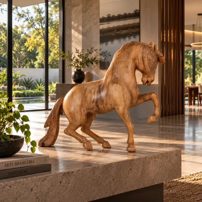 Escultura de Madeira Nobre Reaproveitada Cavalo, Mod D659, Tam 36 cm, Peça Única