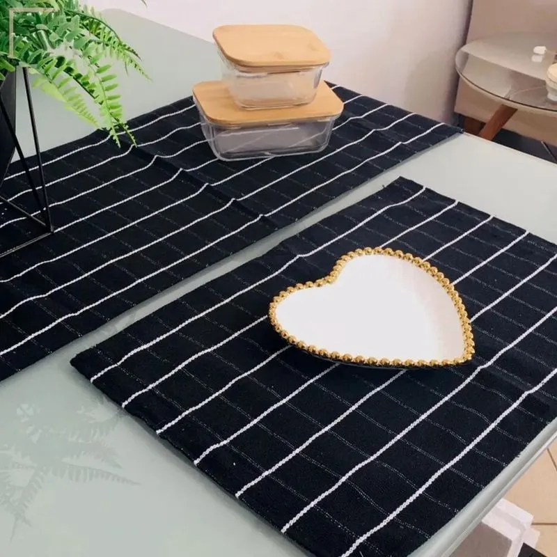 Jogo Americano Mesa Posta Kit C/7 Peças Grid Tear Alg Preto