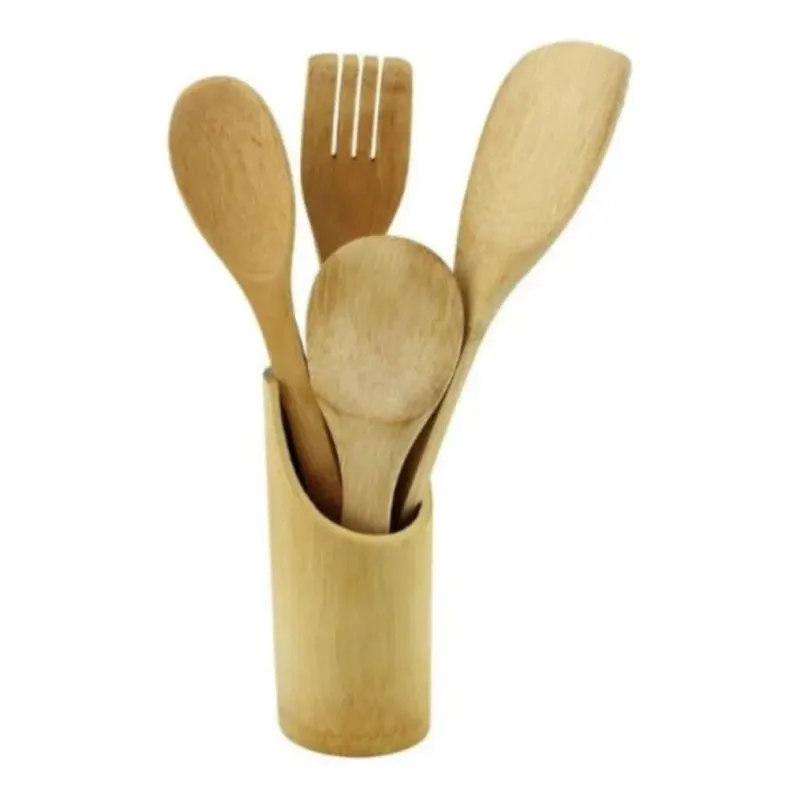 Jogo Porta Talheres +colher Espátula De Bambu Kit 5 Peças Co