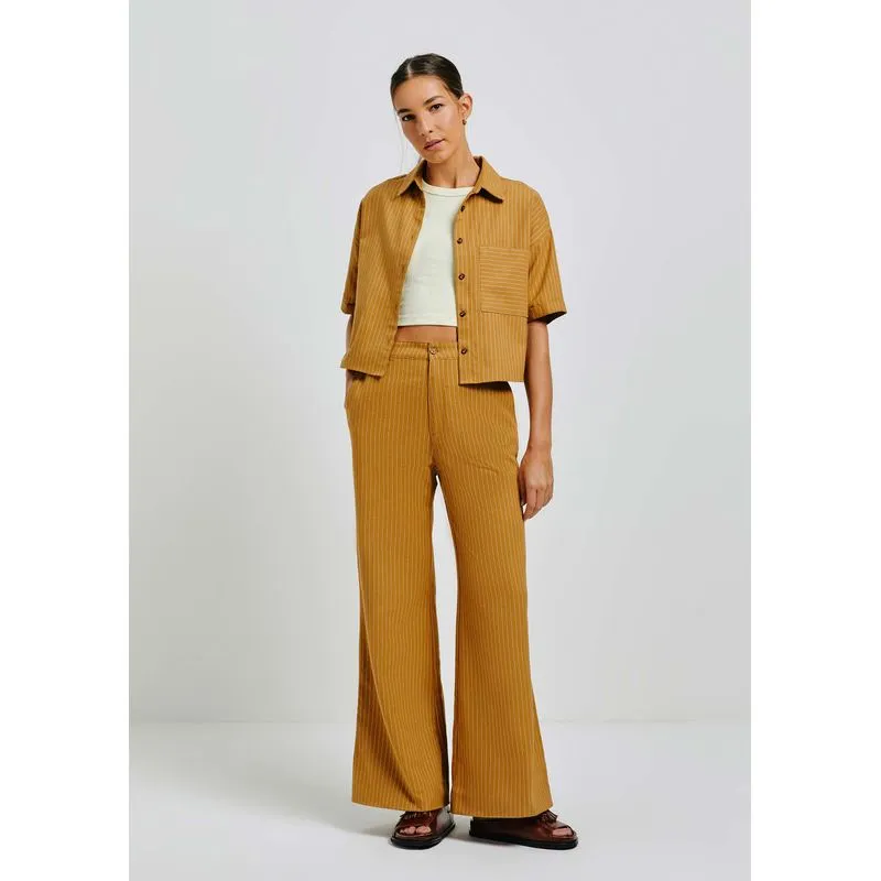 Calça Feminina Pantalona Cintura Alta Fio Tinto Em Alfaiataria - Marrom 038