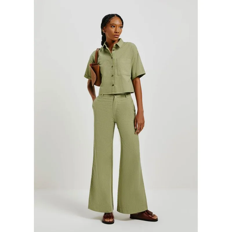 Calça Feminina Pantalona Cintura Alta Fio Tinto Em Alfaiataria - Verde 042