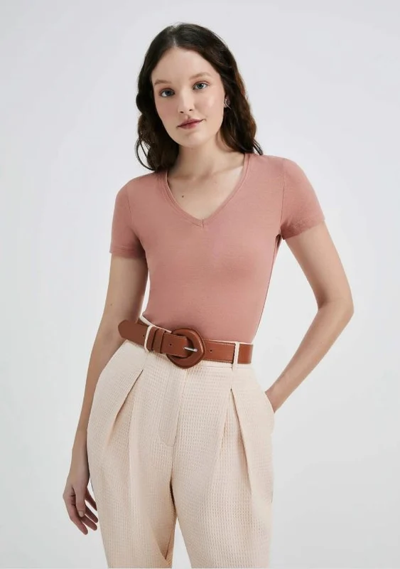 Blusa Básica Hering Decote V Feminina - Marrom Rosado M