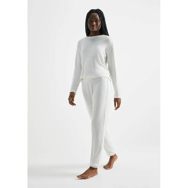 Pijama Longo Feminino Em Tricô Canelado - Off white G