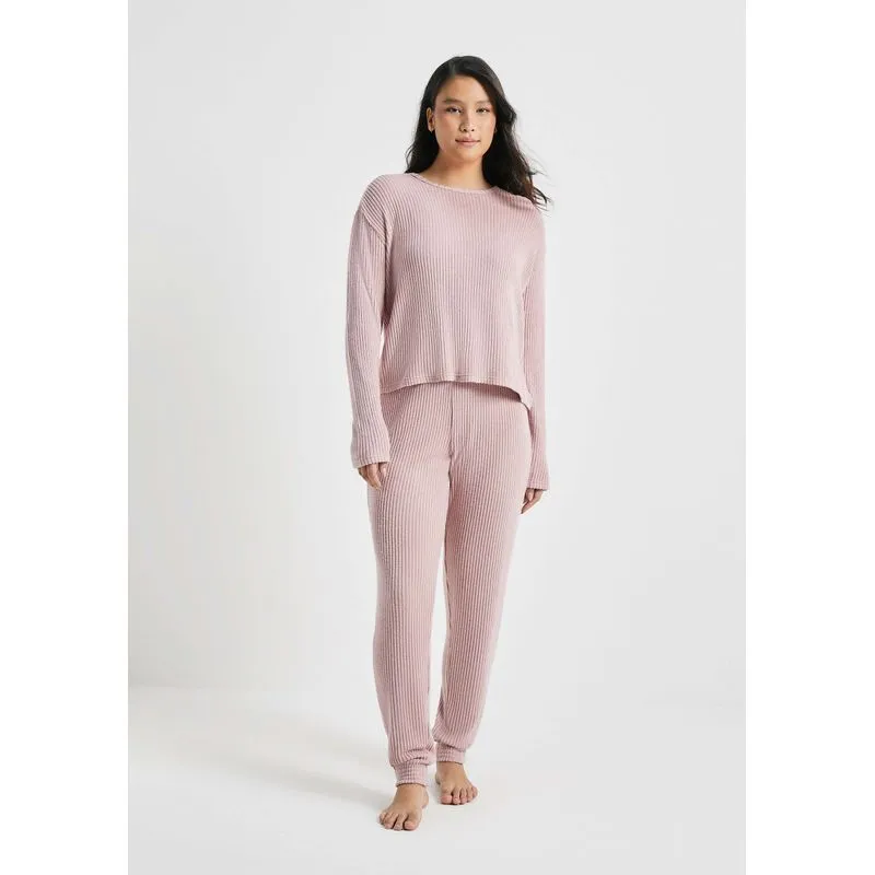 Pijama Longo Feminino Em Tricô Canelado - Rosa P