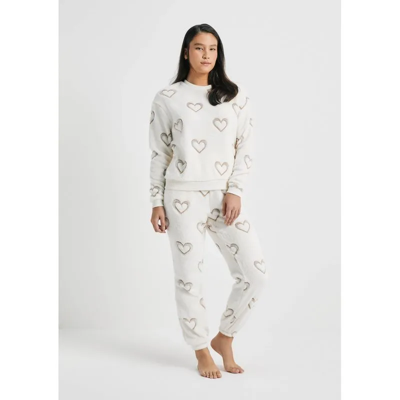 Pijama Feminino Longo Estampado Em Fleece - Off white G