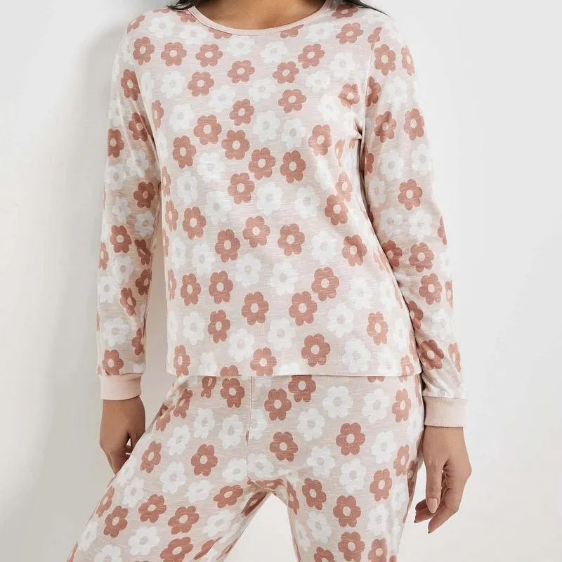 Pijama Hering Fem Longo em Malha Flamê Flores Rosa 7C0A1ZEN