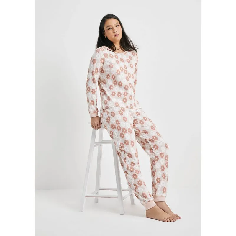 Pijama Longo Feminino Estampado Em Malha Flamê - Rosa XG