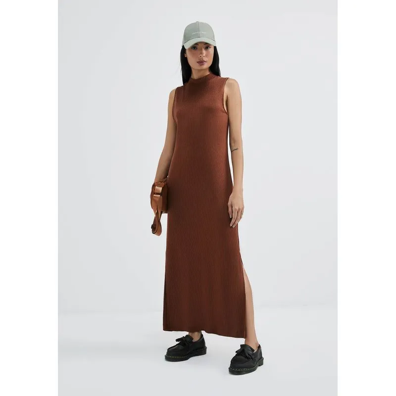 Vestido Midi Reto Em Ribana Canelada - Marrom XG