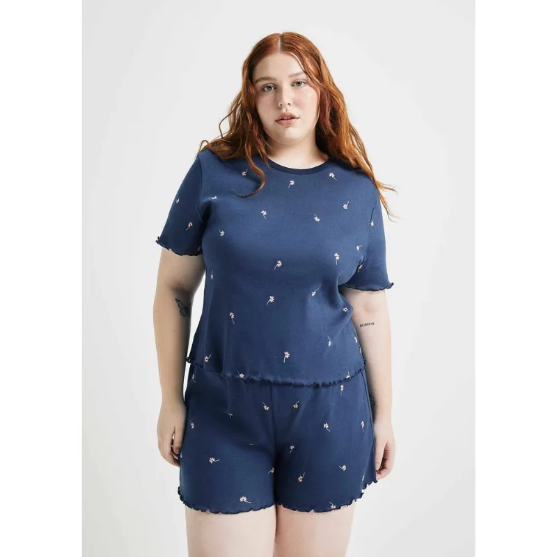 Pijama Curto Feminino Estampado Com Frufru - Azul P