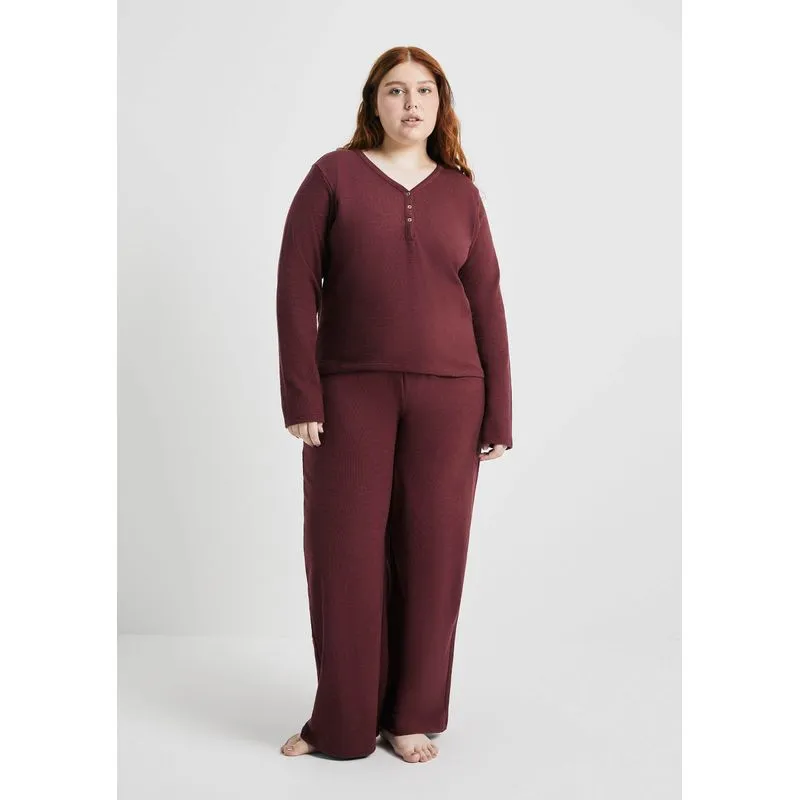 Pijama Longo Feminino Decote Henley - Vinho XP