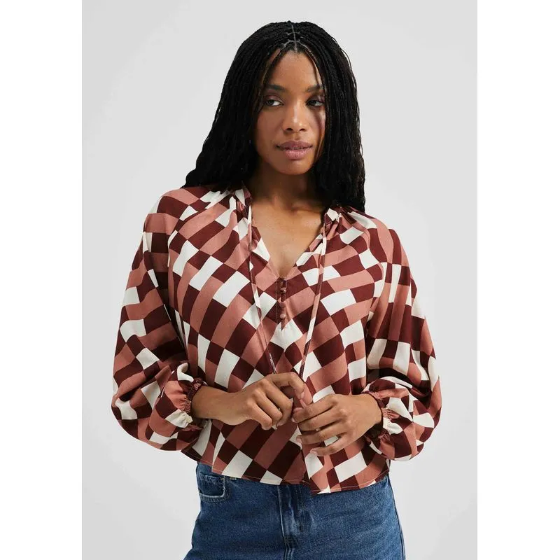 Blusa Feminina Manga Longa Estampada Em Viscolinho - Vinho G